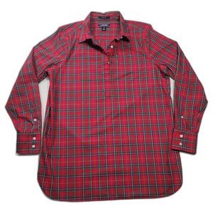 Lands' End LS Button Down Plaid Blouse Shirt Red 12